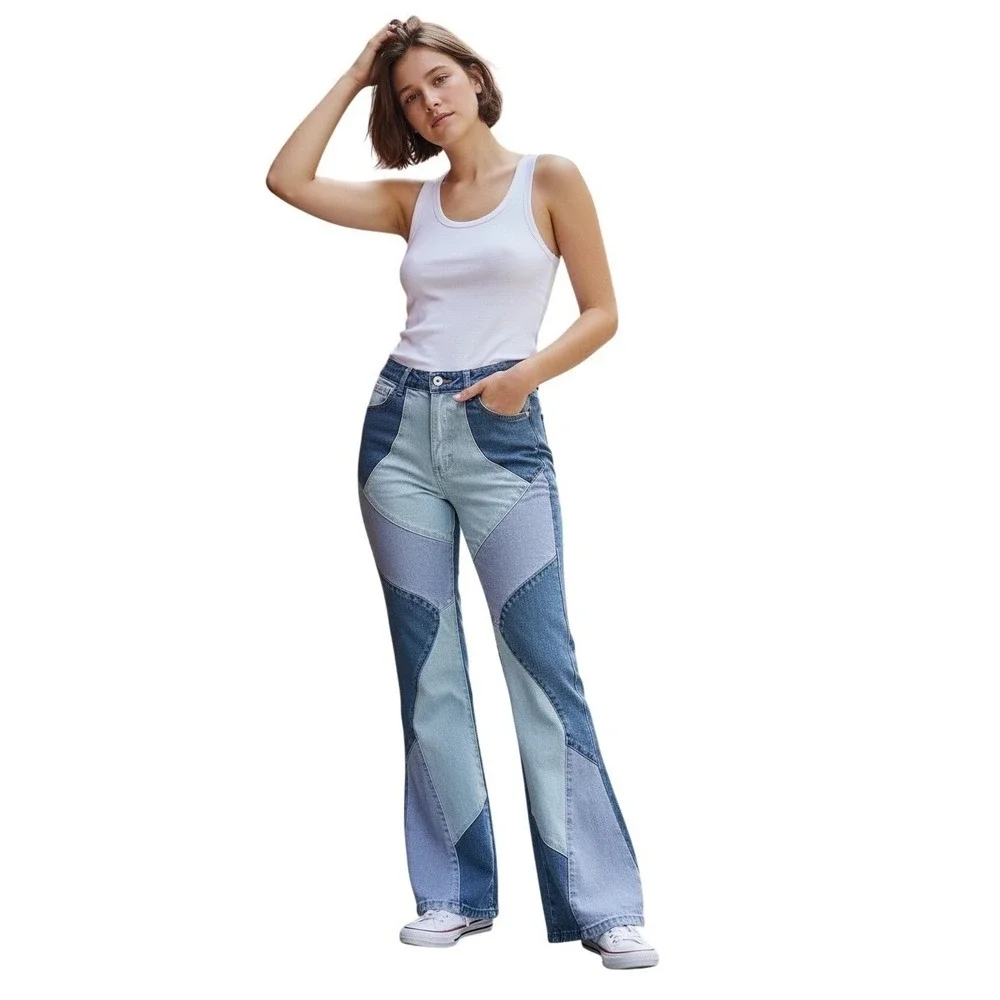 SHEIN Women's Patchwork Flare Jeans Light Wash Denim Size‎ M